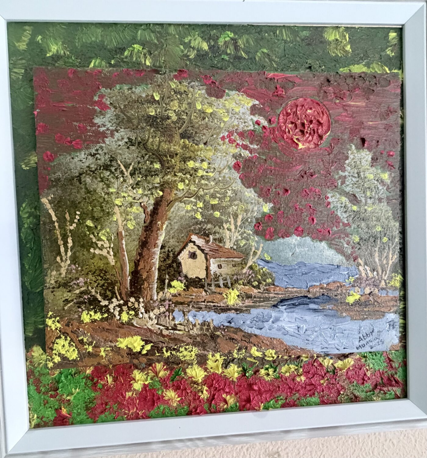 LA CASA JUNTO AL RIO ROJO (óleo), Óleo sobre lienzo, 33 × 33 cm
