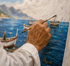 La mano del artista pintando barcas en el mar