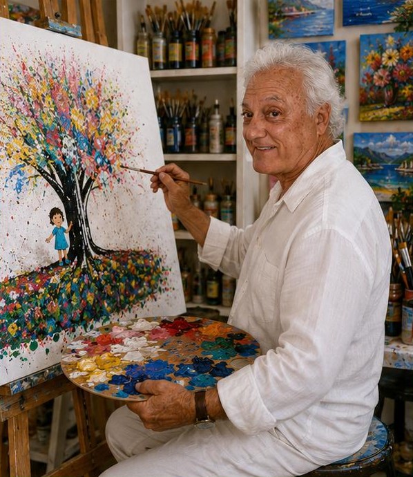 Abby Murgio pintando un árbol en flor en su estudio